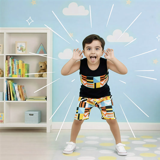 Colorful Geometric Print Tank Top and Shorts Set for Boys