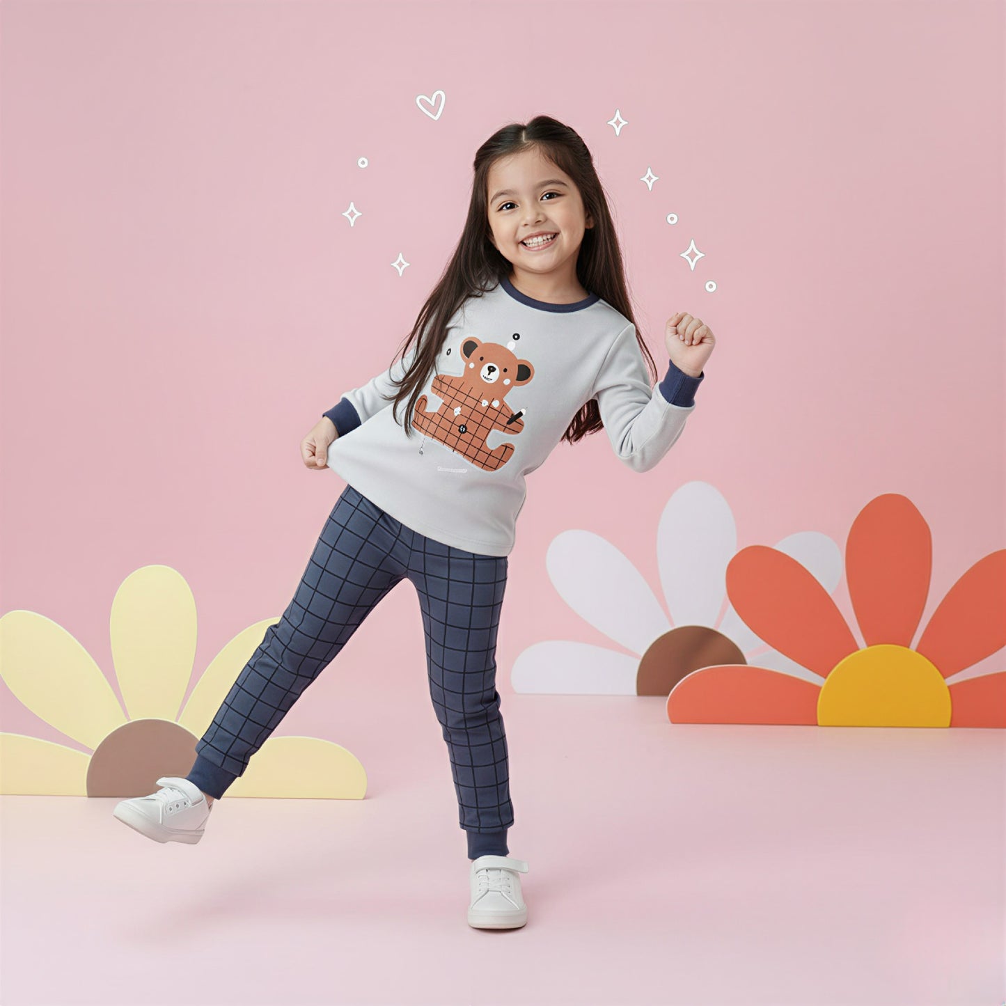 Cute Bear Graphic Pajama Set for Girls