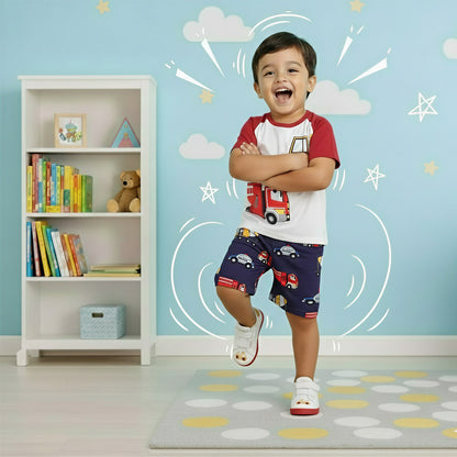 Boys Fire Truck Printed T-Shirt with Car Print Shorts