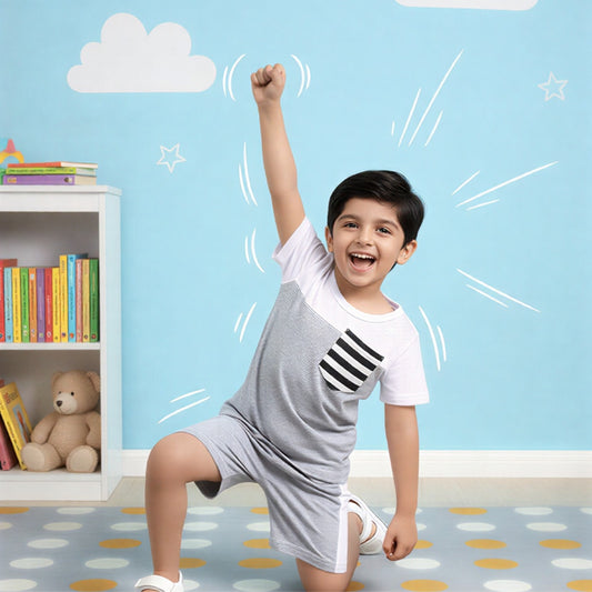Boys Grey & White Cotton T-Shirt with Shorts Set