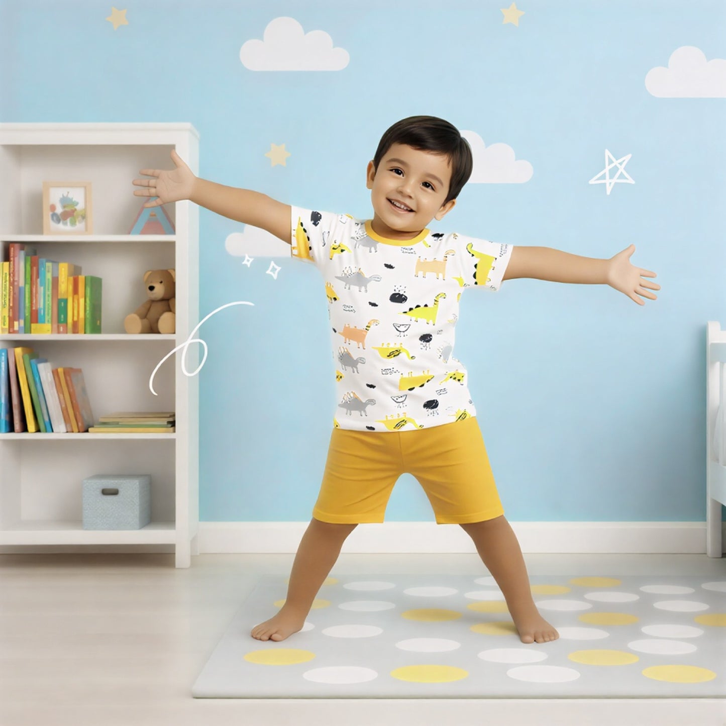 Boys Dinosaur Print T-Shirt with Yellow Shorts Set