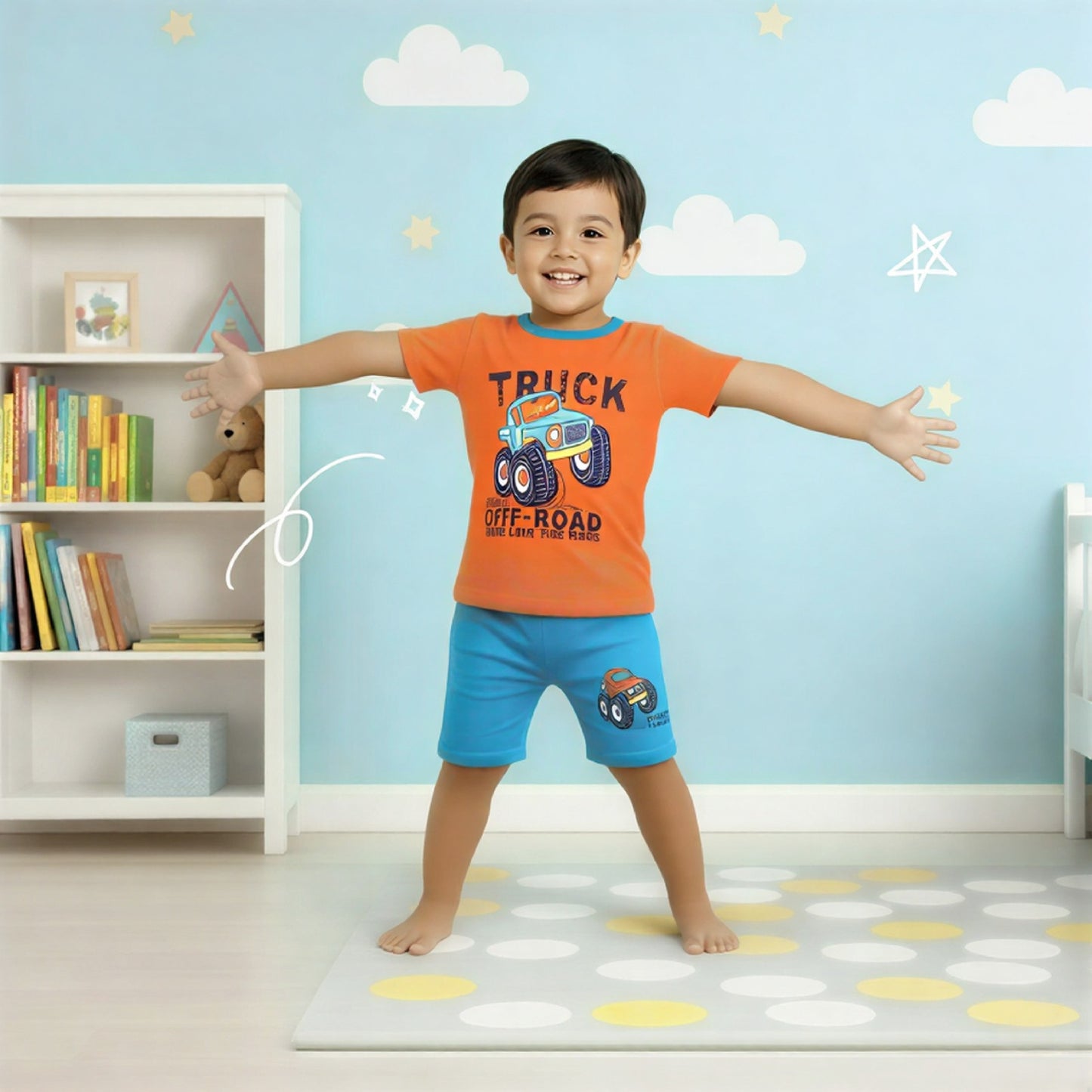 Boys Truck Print T-Shirt with Blue Shorts