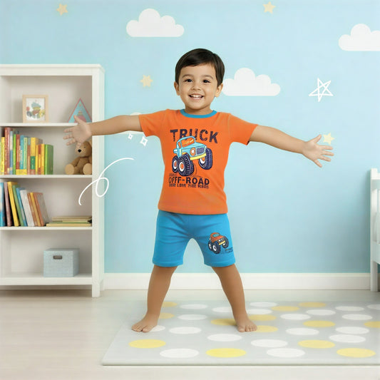 Boys Truck Print T-Shirt with Blue Shorts
