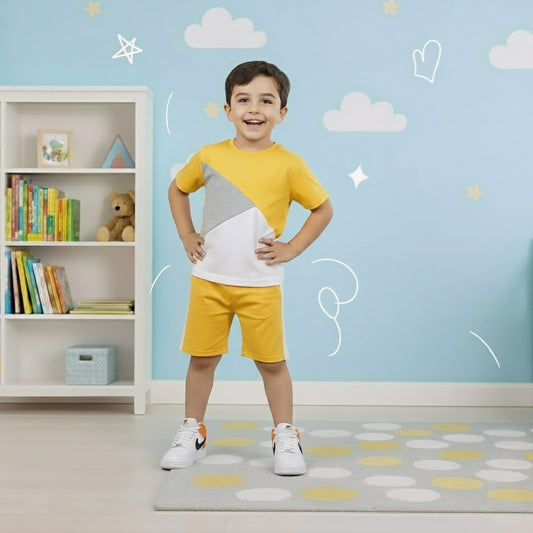 Boys Color Block T-Shirt with Yellow Shorts