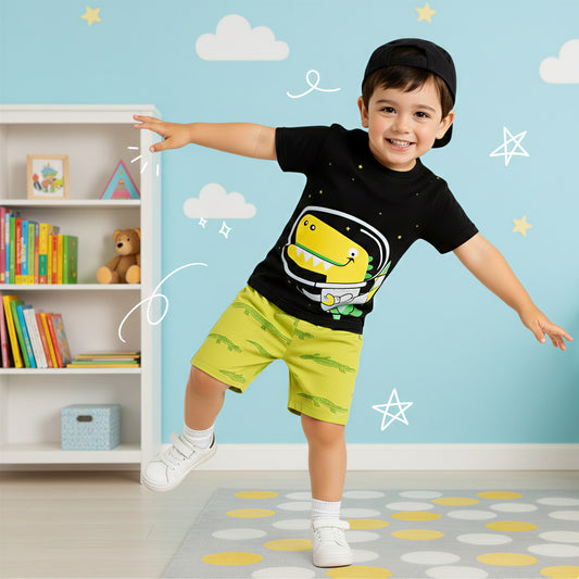 Boys Astronaut Dinosaur T-Shirt with Green Shorts