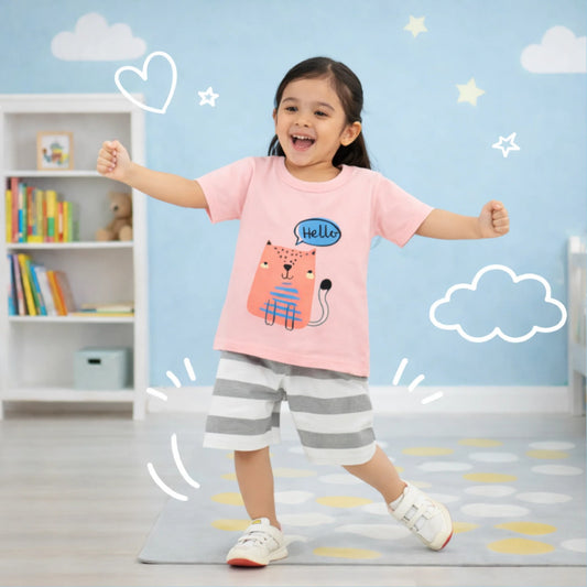 Girls Cute Cat Print T-Shirt & Striped Shorts Set