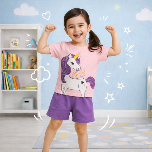 Girls Unicorn Print T-Shirt & Shorts Set