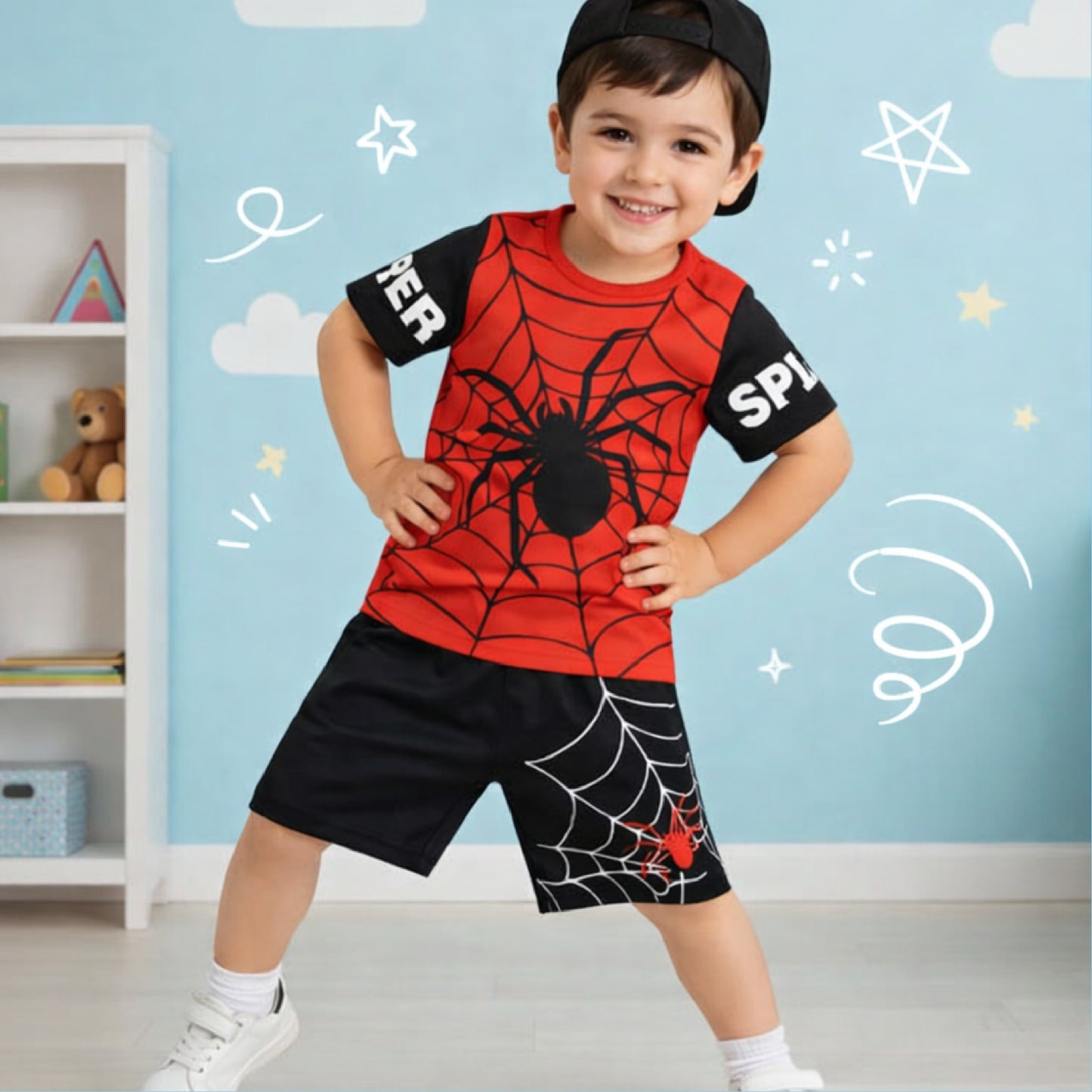 Boys Spider Web T-Shirt & Black Shorts Set