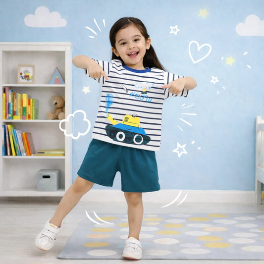 Kids Striped Construction Truck T-Shirt & Teal Shorts Set