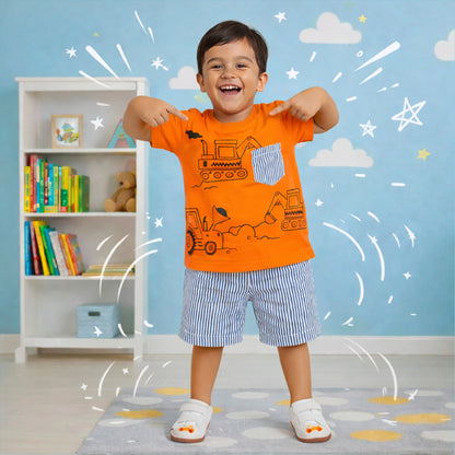 Boys Orange Construction Print T-Shirt & Striped Shorts Set
