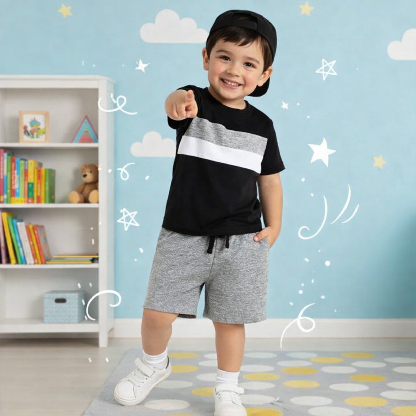 Boys Black Color Block T-Shirt & Grey Shorts Set
