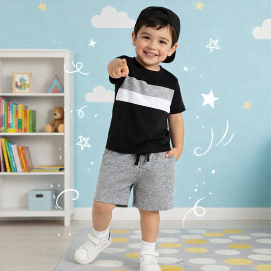 Boys Black Color Block T-Shirt & Grey Shorts Set
