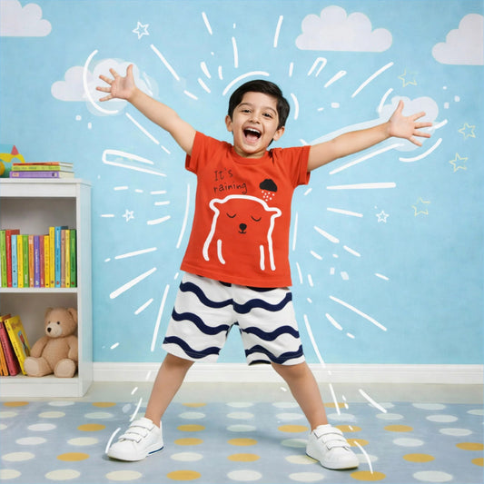 Boys Red Graphic T-Shirt & Wave Print Shorts Set