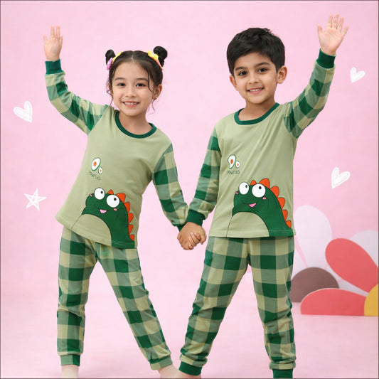Cute Dinosaur Print Full Sleeves Pajama Set