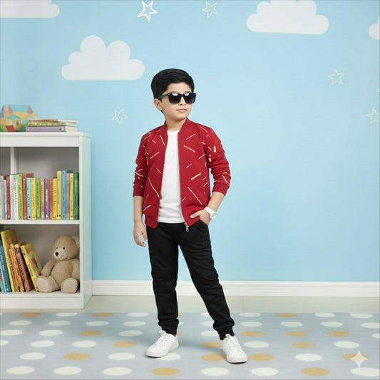 Boys Stylish Red Zipper Jacket Set