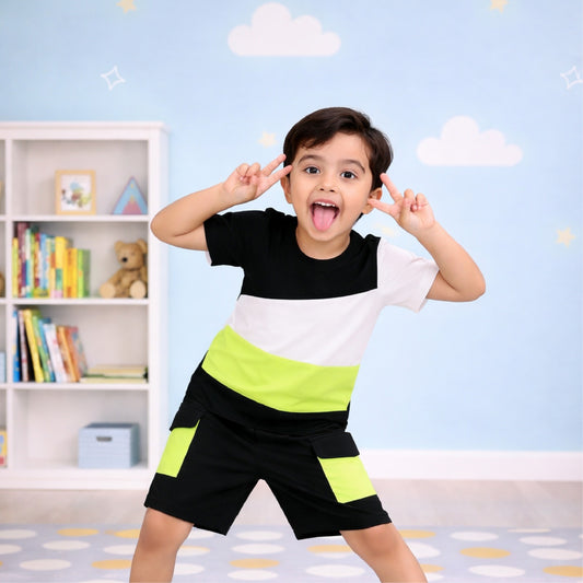 Black, White & Neon Green Summer Outfit for Boys