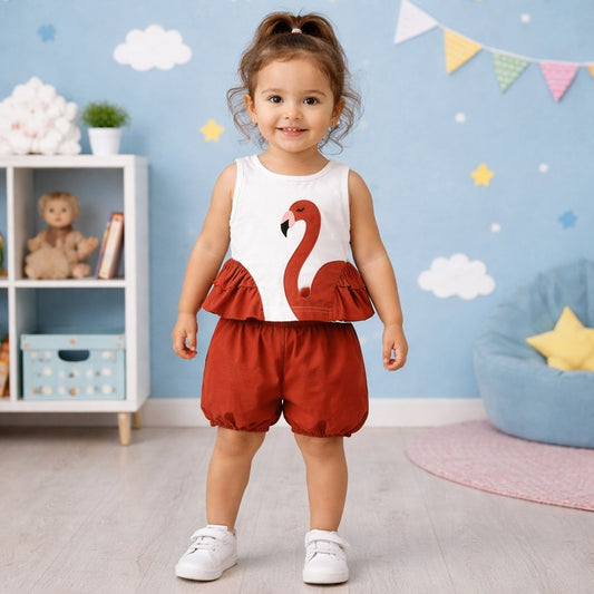 Toddler Girls Flamingo Summer Co-Ord Set – Cute Ruffle Top & Balloon Shorts Outfit (1–6 Years)