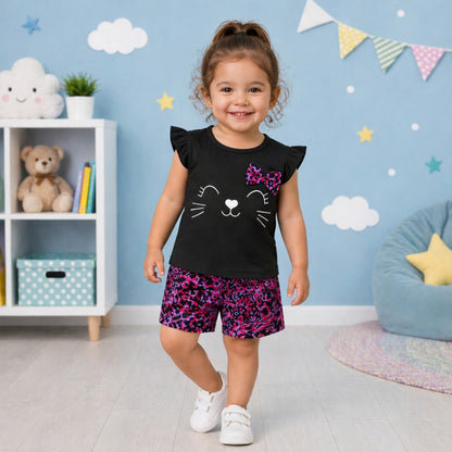 Toddler Girls Cat Print Summer Co-Ord Set – Cute Black Top & Printed Shorts Outfit (1–6 Years)