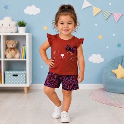 Toddler Girls Cat Print Summer Co-Ord Set – Cute Ruffle Top & Printed Shorts Outfit