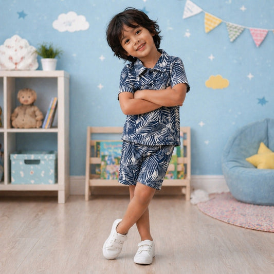 Trendy Boys Summer Outfit Set – Tropical Print Shirt & Shorts (Lightweight & Stylish)