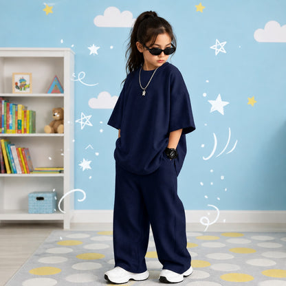 Kids Premium Oversized Streetwear Co-Ord Set Unisex Drop-Shoulder Tee & Relaxed Wide-Leg Tracksuit (Navy Blue)