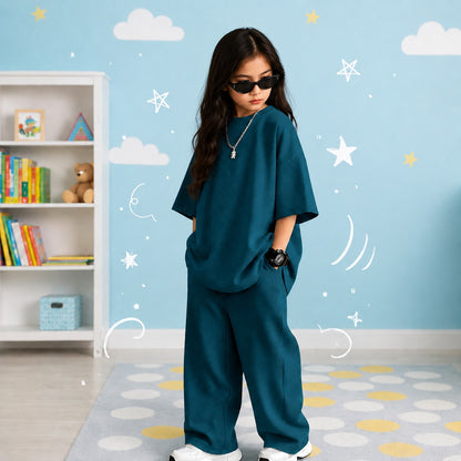 Kids Urban Oversized Streetwear Co-Ord Set Unisex Drop-Shoulder Tee and Wide-Leg Tracksuit (Teal Blue)