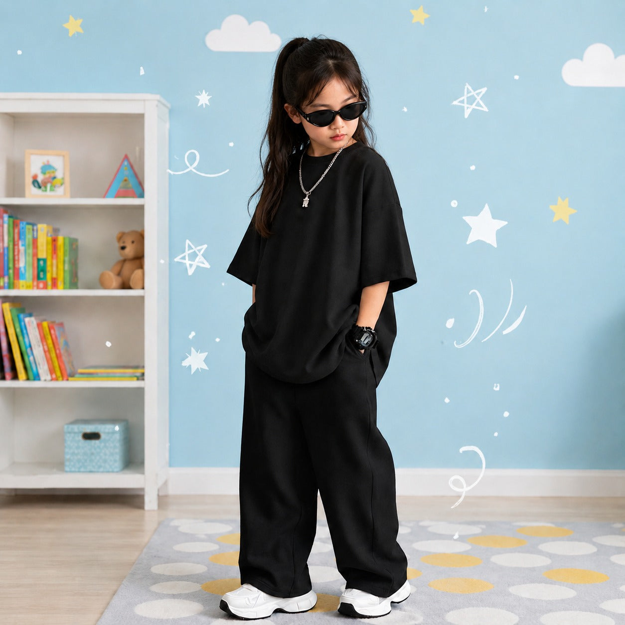 Kids Cool & Comfy Oversized Co-Ord Set Unisex Drop-Shoulder Tee and Wide-Leg Pants Tracksuit (Jet Black)