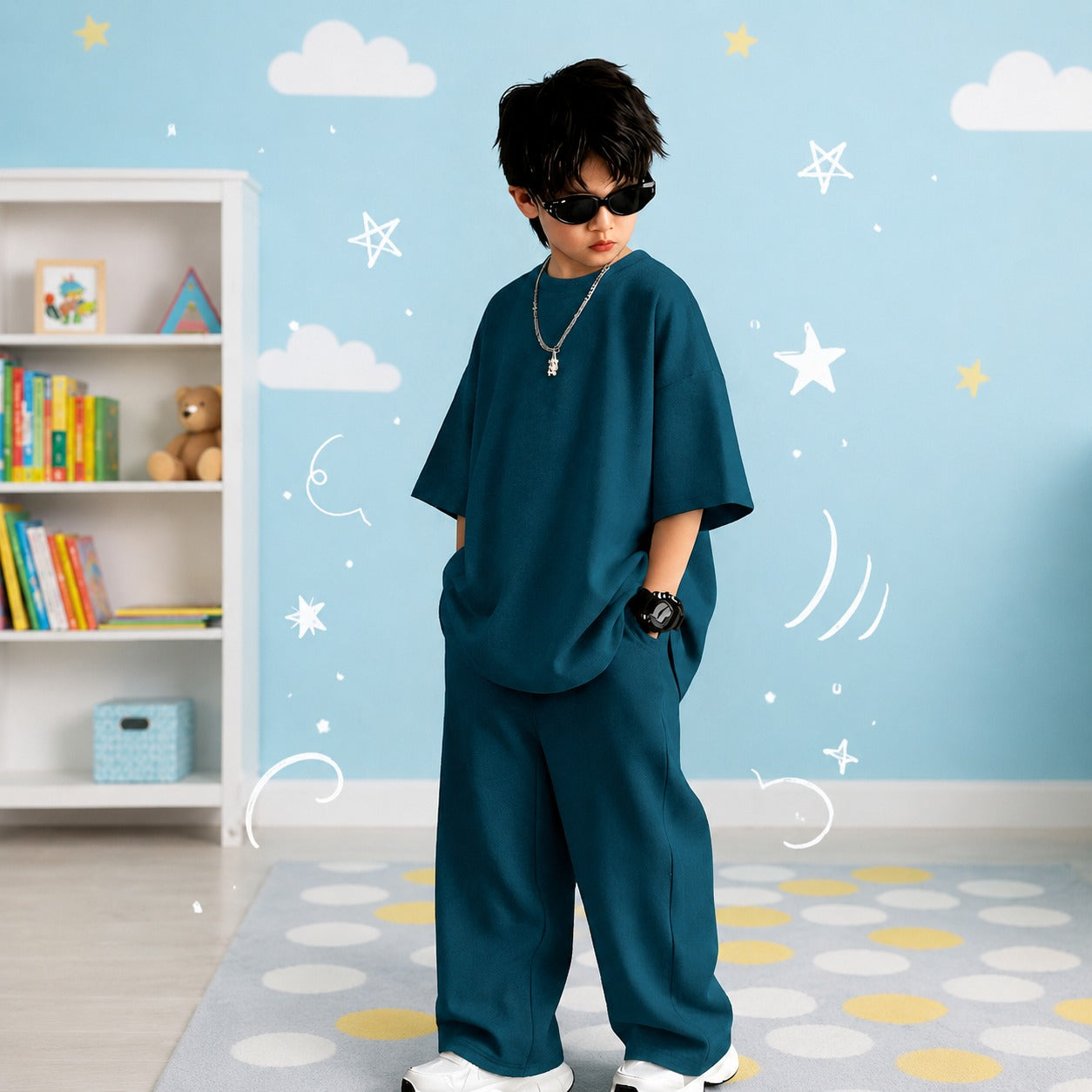 Kids Urban Oversized Streetwear Co-Ord Set Unisex Drop-Shoulder Tee and Wide-Leg Tracksuit (Teal Blue)