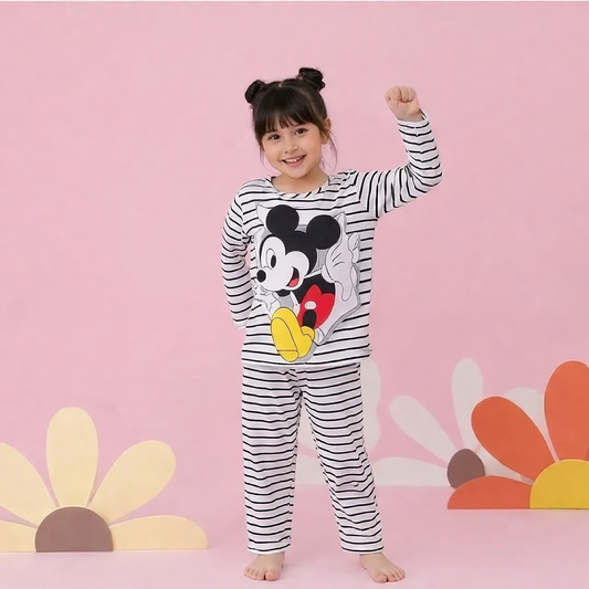 Striped Cartoon Print Full Sleeve T-Shirt & Pajama