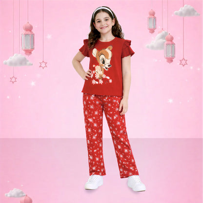 Red Cartoon Printed Girls Lounge Set