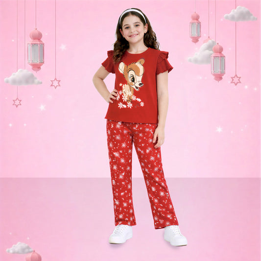 Red Cartoon Printed Girls Lounge Set
