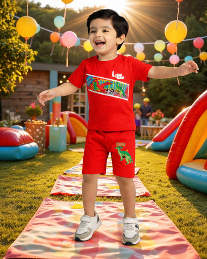 Kids Red Dino Print Summer Outfit – Soft Cotton T-Shirt & Shorts Set for Boys