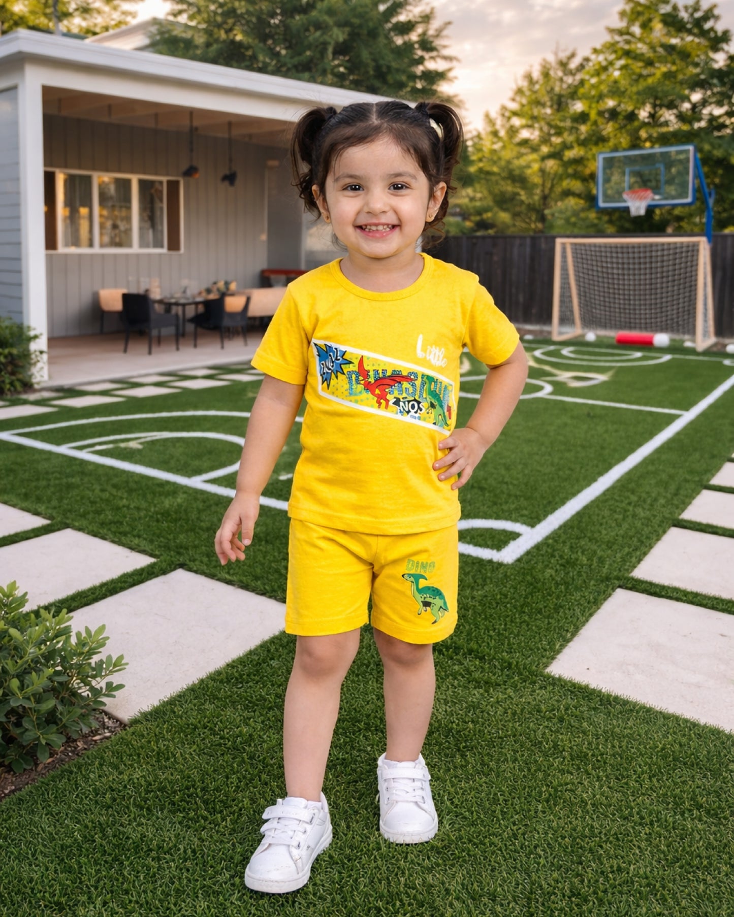 Kids Yellow Dino Print Summer Outfit – Soft Cotton T-Shirt & Shorts Set for Toddlers