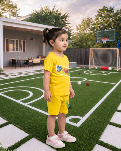 Kids Yellow Dino Print Summer Outfit – Soft Cotton T-Shirt & Shorts Set for Toddlers