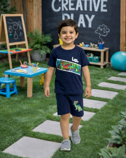 Kids Navy Blue Dino Print Summer Outfit – Soft Cotton T-Shirt & Shorts Set for Boys
