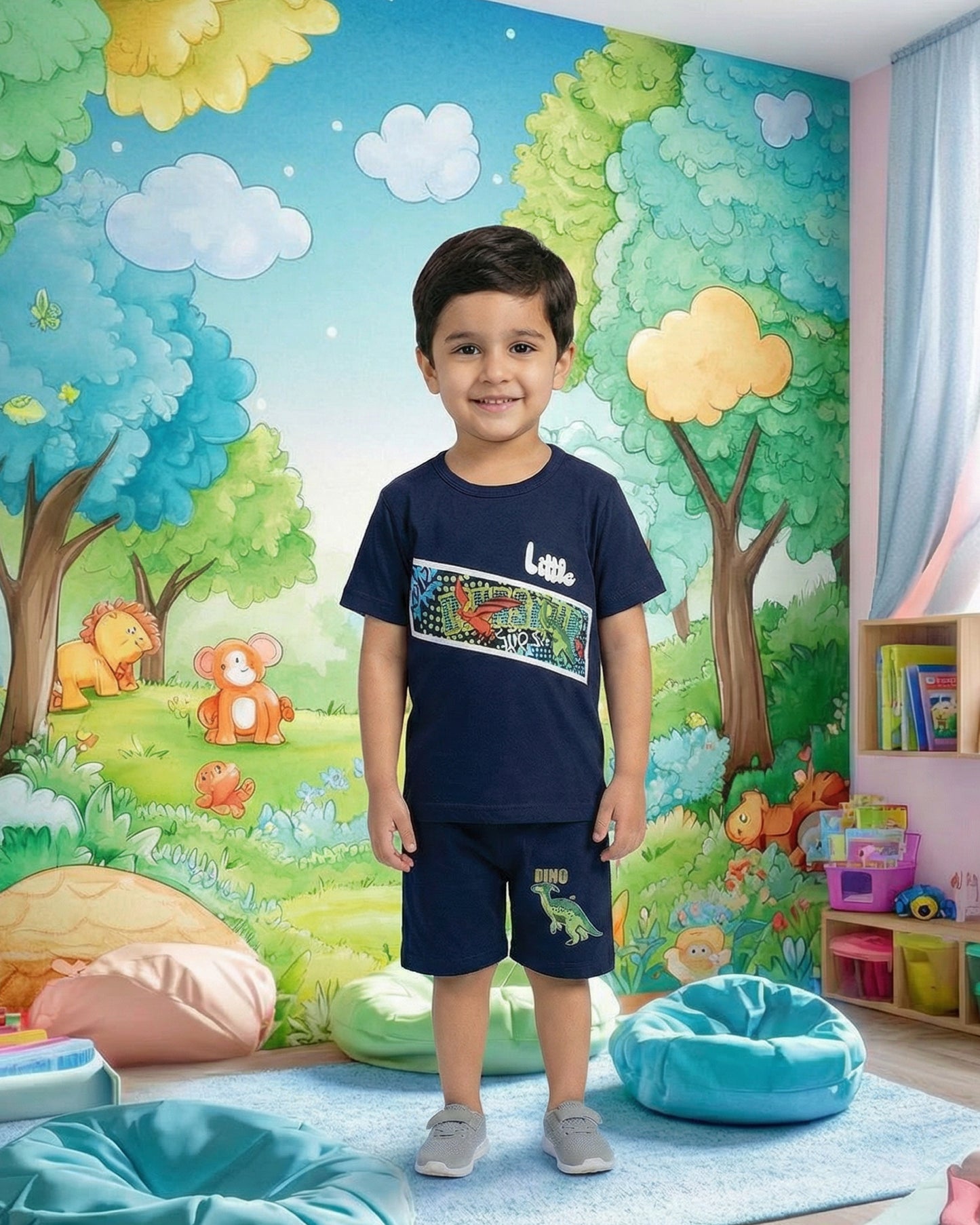 Kids Navy Blue Dino Print Summer Outfit – Soft Cotton T-Shirt & Shorts Set for Boys