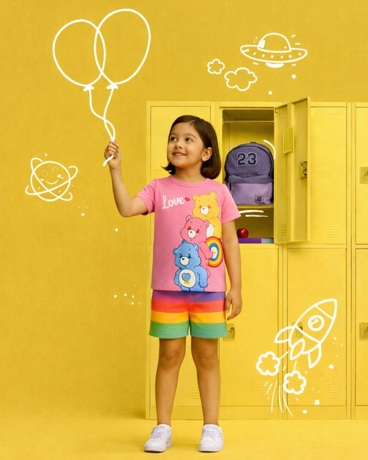 Cute Cartoon Bear & Rainbow Print Kids Summer Outfit