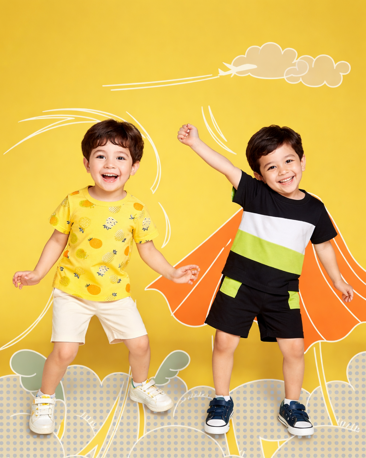 Fruit Print T-Shirt & Color Block Shorts (Pack of 2)