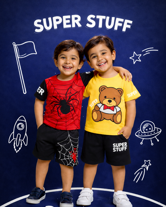 Bear & Spider Cartoon T-Shirt with Shorts (Pack of 2)