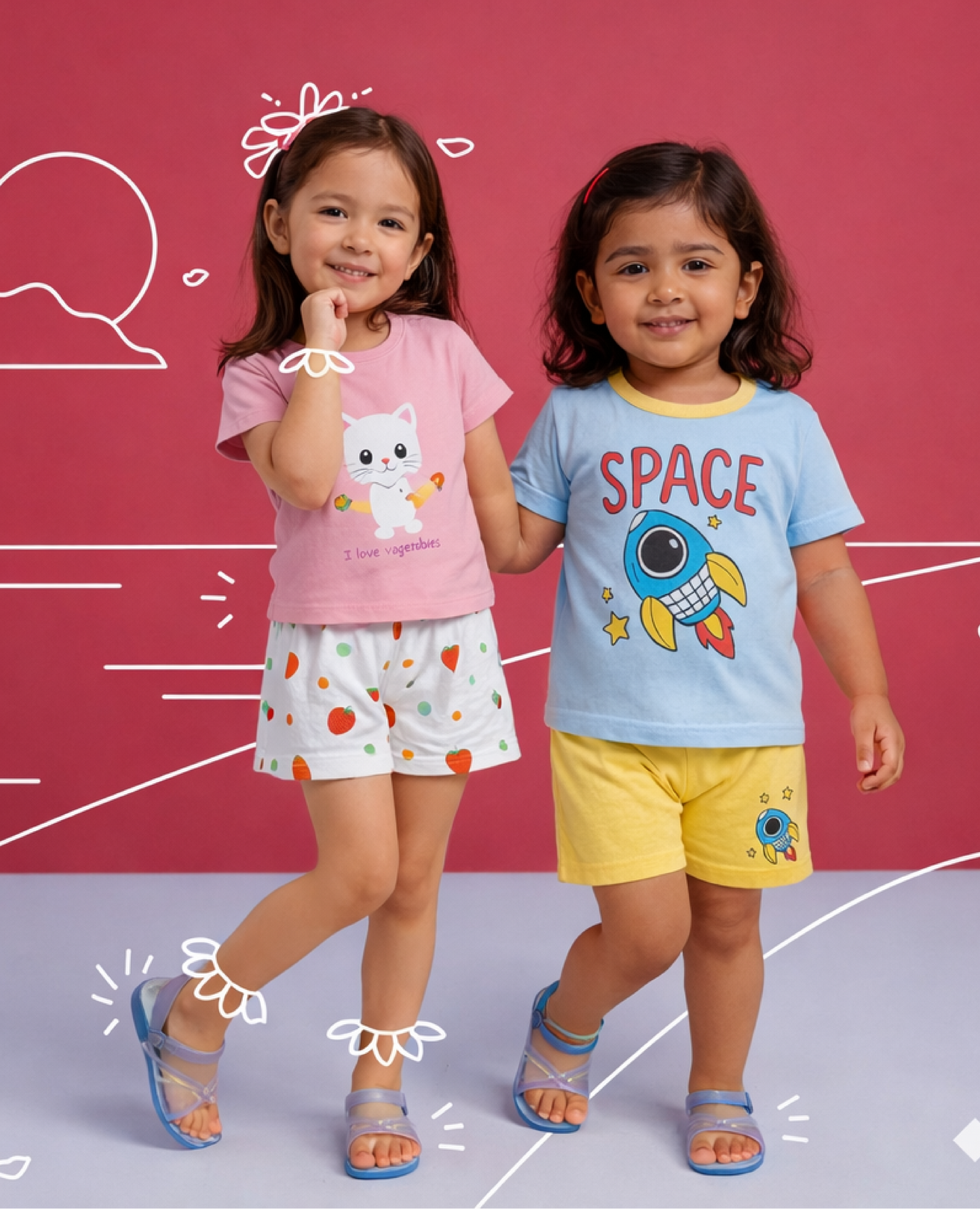 Kitty & Space Rocket Print T-Shirt with Shorts (Pack of 2)